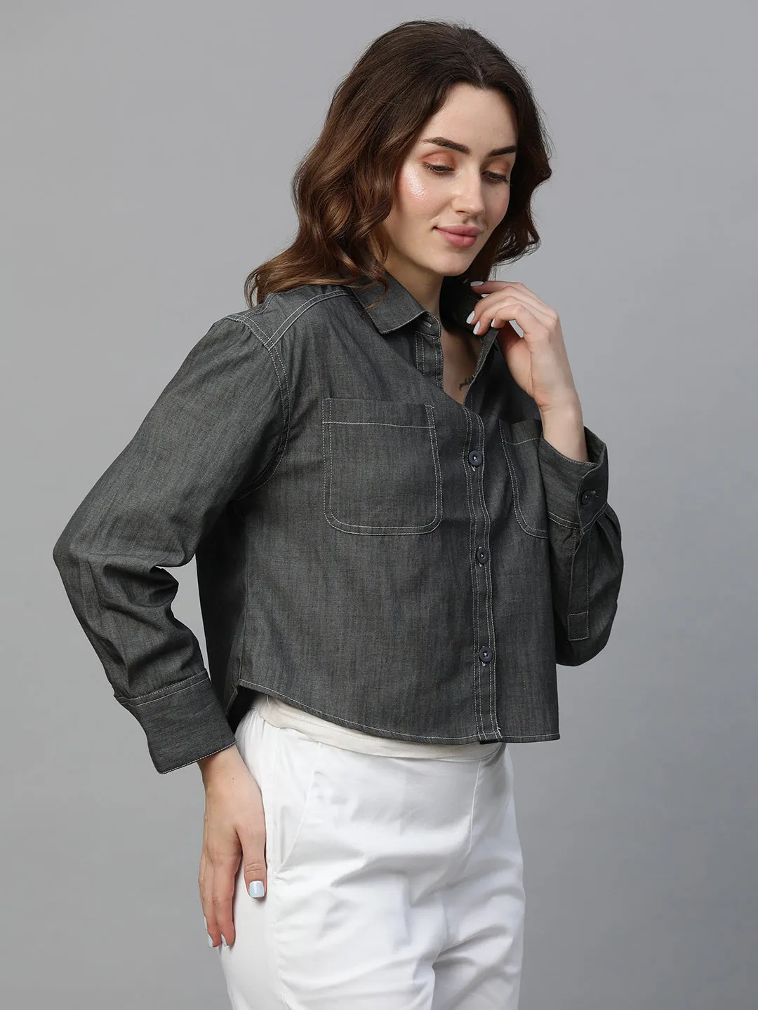 Women's Grey Cotton Regular Fit Blouse