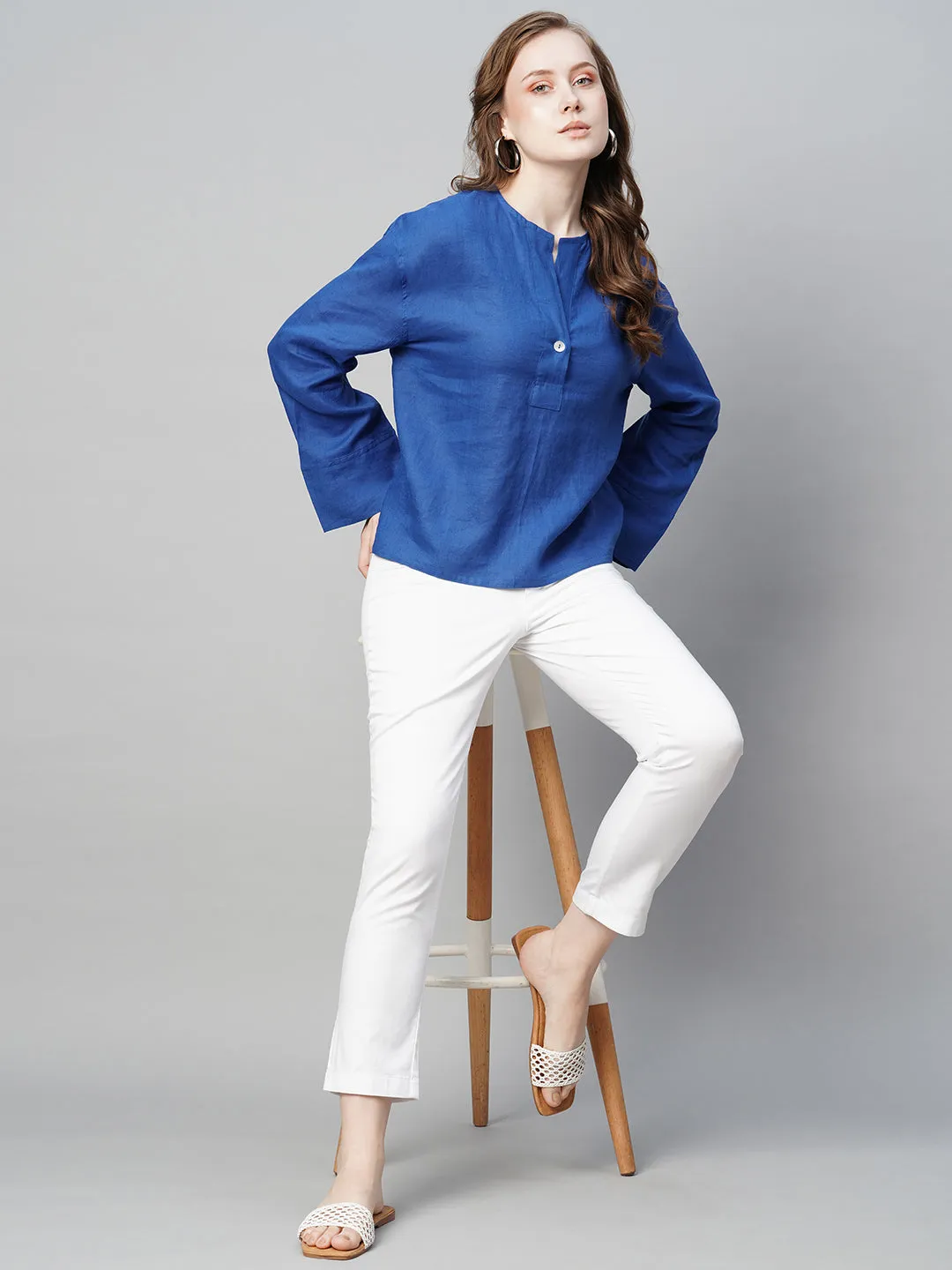 Women's Royalblue Linen Regular Fit Blouse