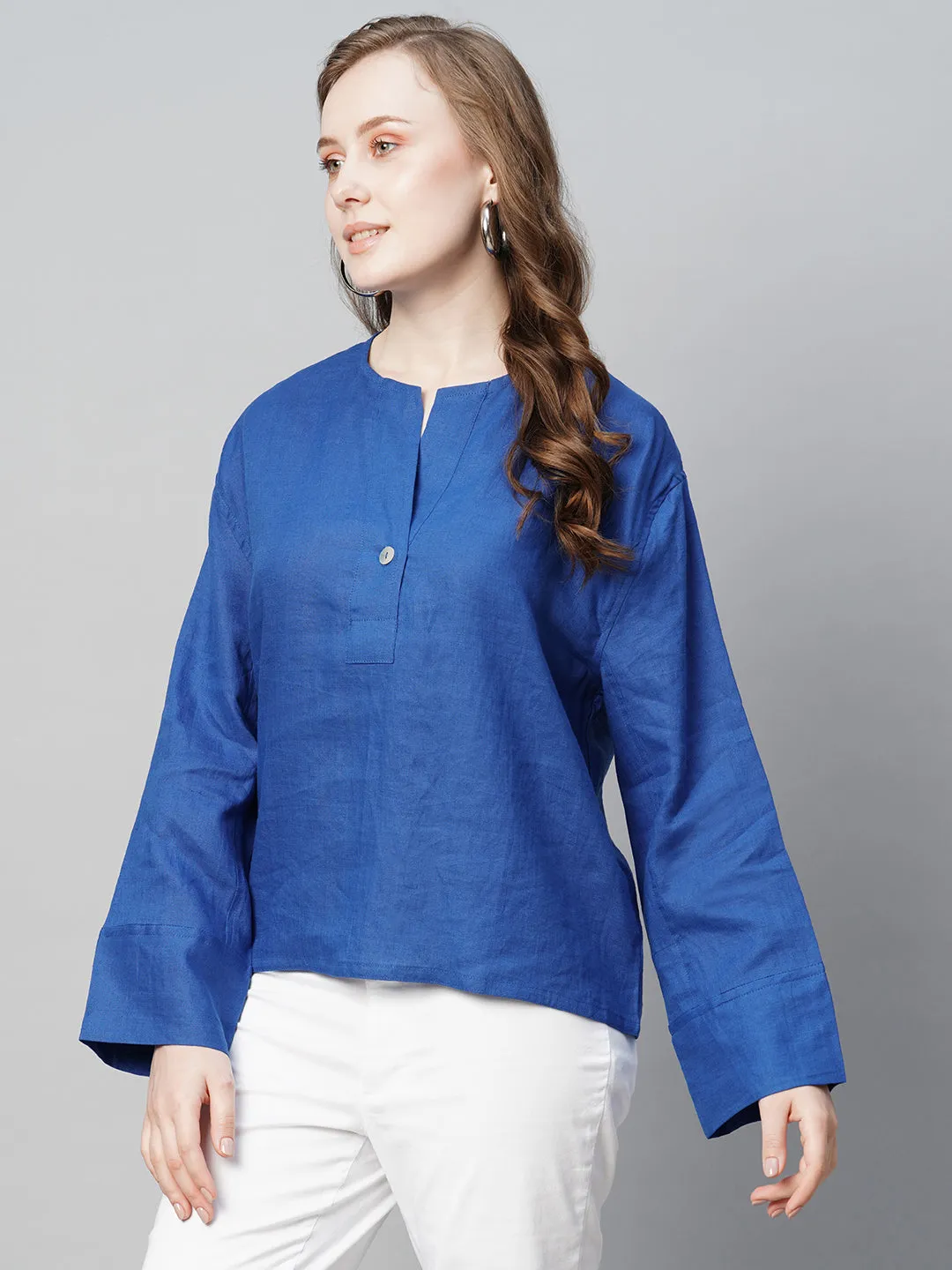 Women's Royalblue Linen Regular Fit Blouse