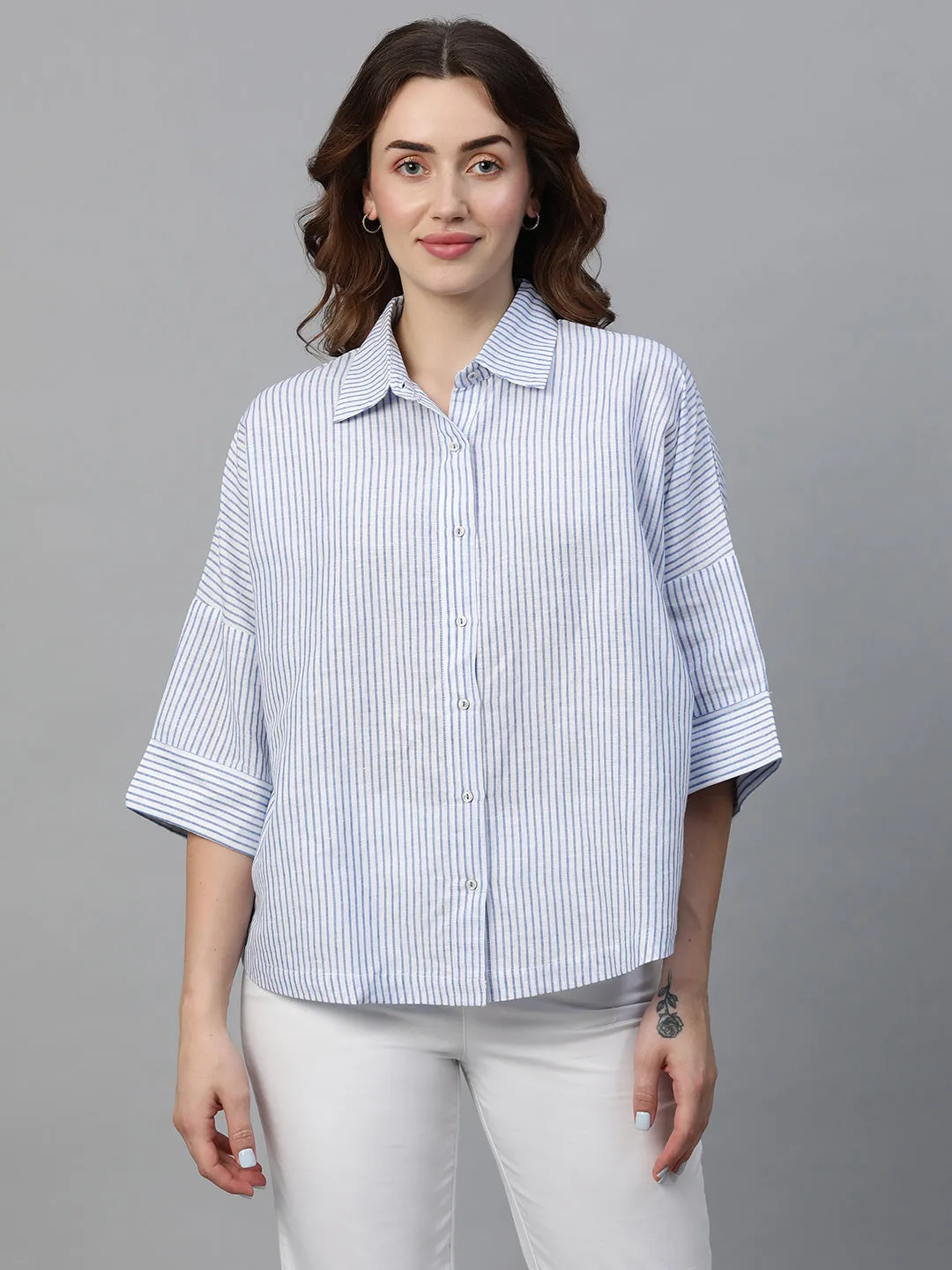 Women's White Linen Boxy Fit Blouse